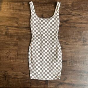 Fashion Nova Tan and White Checkered Mini Dress